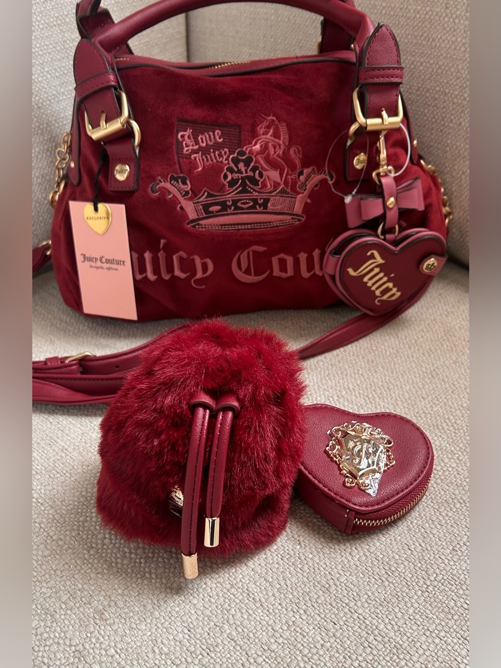 Juicy Couture Cranberry Velour Satchel  Bag and Bag Charm Set